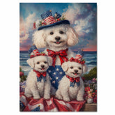 Bichon Frise Mother and Two Puppies in Patriotic Hats and Bows by the Ocean with Sunset Sky and Floral Surroundings on Ready to Hang 1.5" Thick Canvas Wrap, Floating Framed Canvas, Flat Rolled Canvas